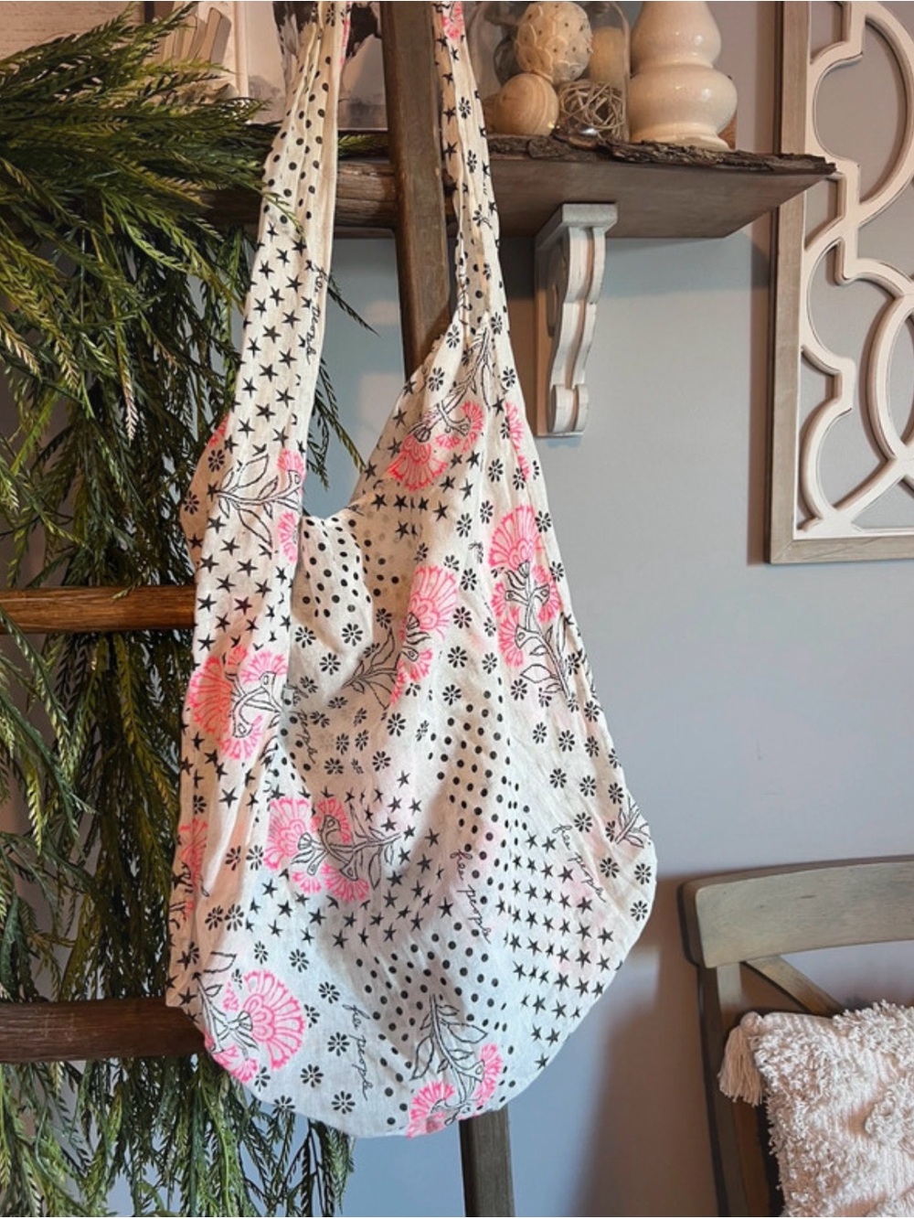 Free People White Shoulder Bag with Pink Floral Print